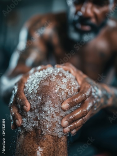 Close-up of an athlete applying an ice pack to a swollen knee while sitting on a training bench, clinical sports injury treatment and recovery concept
