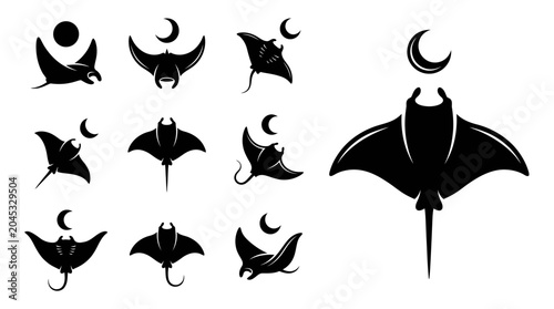 Bild auf Leinwand Manta Ray Silhouettes with Crescent Moon and Sun Icons