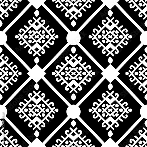 Elegant black and white seamless damask pattern. Classic victorian style motif for textile print, wallpaper background, and luxury fabric design. Symmetrical monochrome geometric ornament.