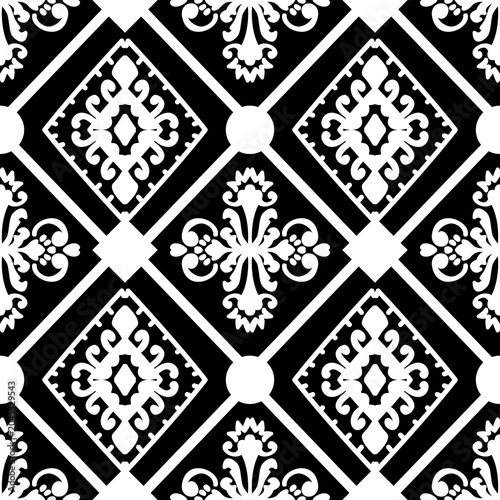 Elegant black and white seamless damask pattern. Classic victorian style motif for textile print, wallpaper background, and luxury fabric design. Symmetrical monochrome geometric ornament.