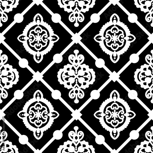 Elegant black and white seamless damask pattern. Classic victorian style motif for textile print, wallpaper background, and luxury fabric design. Symmetrical monochrome geometric ornament.