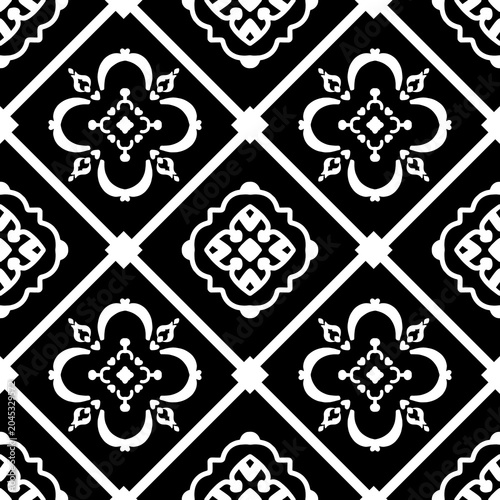 Elegant black and white seamless damask pattern. Classic victorian style motif for textile print, wallpaper background, and luxury fabric design. Symmetrical monochrome geometric ornament.