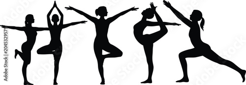 Silhouettes of Women Performing Various Yoga Poses on White Background untitled