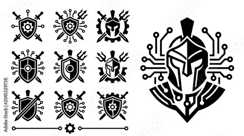 Bilde på lerret Cyberpunk Spartan Helmet Logo and Icons Set - Digital Warrior Shield