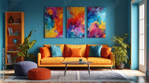 Cheerful and vibrant living room interior mockup featuring colorful abstract wall art painting, stylish home decor inspiration with modern furniture, bright contemporary design aesthetic, cozy residen