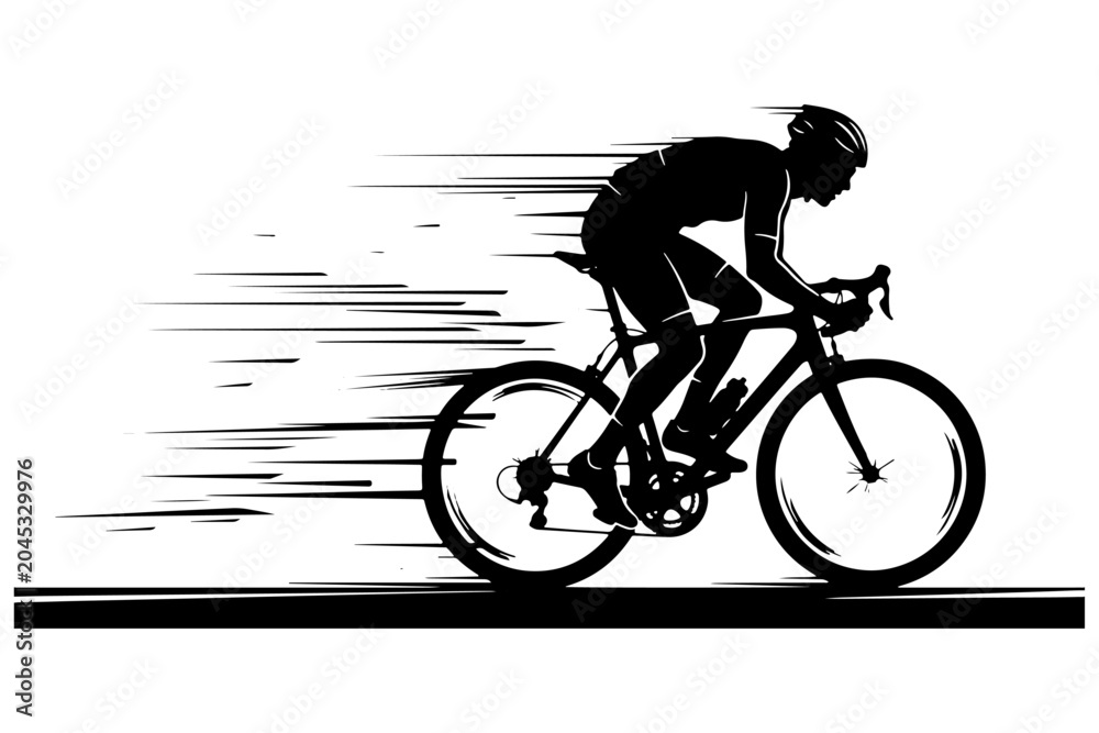 Fototapeta premium Dynamic cyclist silhouette with motion blur, professional road bike racer in high speed action, black and white sports vector illustration