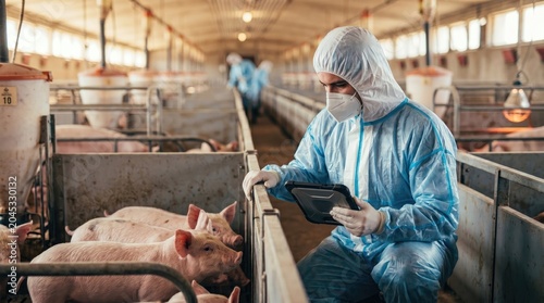 A worker in protective gear inspects pigs in a large indoor livestock facility, using a tablet for data recording.