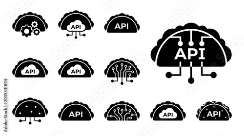 фотографія API Cloud Icons Set, Taco Shape, Technology and Integration Symbols