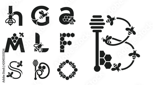 Tableau sur toile Bee Alphabet & Honeycomb Letters with Honey Dipper