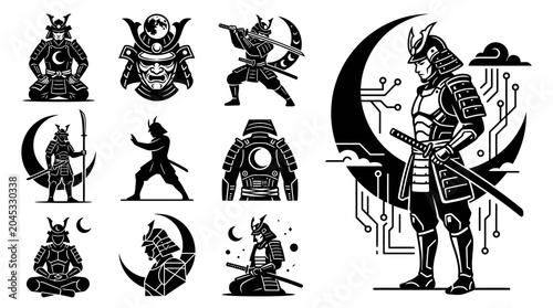 Fotografie Samurai Warrior Collection: Icons, Silhouettes, and Digital Art Mashup