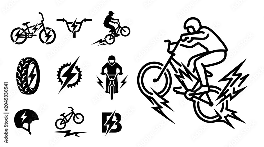 Naklejka premium BMX Freestyle Bicycle Icons and Action Rider Silhouette with Lightning Bolts