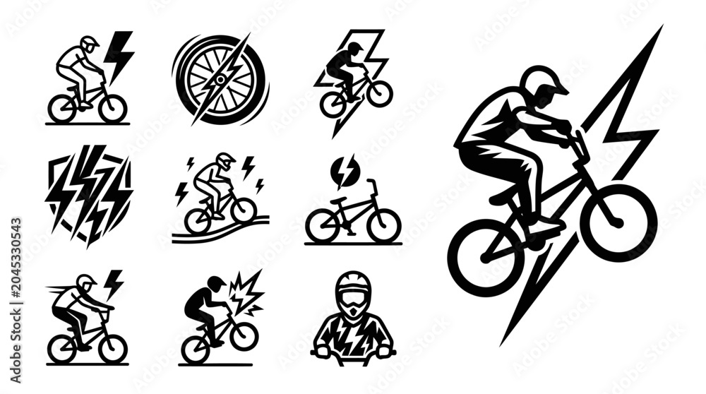 Naklejka premium BMX Cycling Icons: Action, Speed, and Extreme Sports Vector Graphics Set