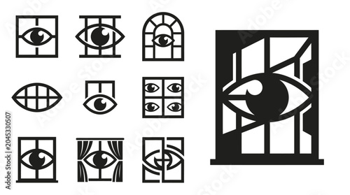 Quadro su tela Abstract Eyes in Window Silhouettes: Surveillance, Vision, and Observation Conce