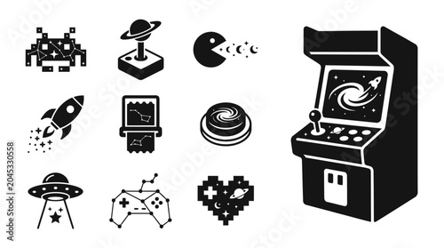 Foto Retro Arcade Game Icons: Space Invader, Pac-Man, Spaceship, UFO, Joystick, Heart