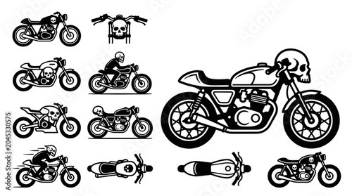 Bild auf Leinwand Motorcycle Illustrations: Cafe Racer, Skull Motifs, Rider Silhouettes & Top View