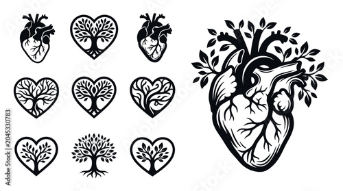 Tableau sur toile Heart Tree Icons and Illustration: Love, Life, Growth, Nature, Organic, Cardiolo