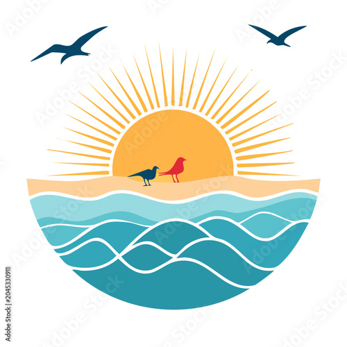 Stylized beach scene with birds, sun, and ocean waves