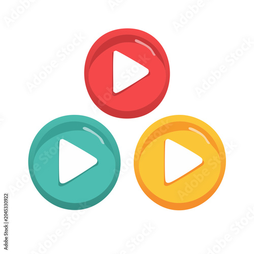 Three colorful play buttons on white background