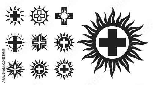 Schilderij op canvas Christian Cross Sun Symbols Set - Religious Icons, Faith, Hope, Divine Light