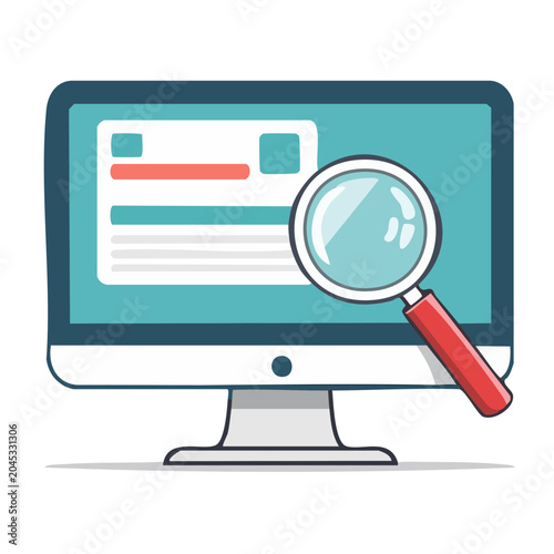 Computer screen with magnifying glass, flat design illustration
