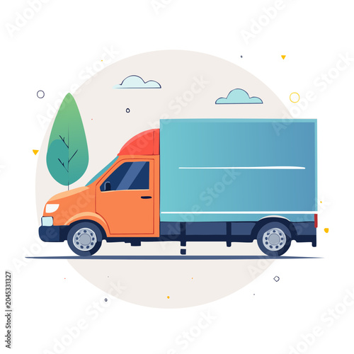 Flat design illustration of an orange delivery truck with a blue