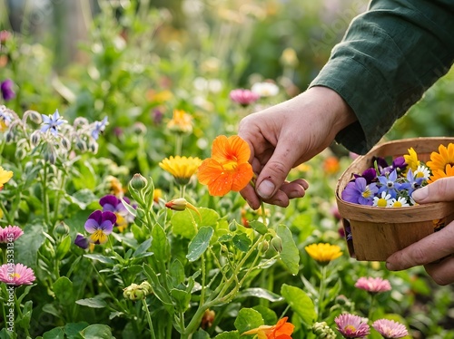 Close up of gardener hands harvesting colorful organic edible flowers into small wooden basket in garden