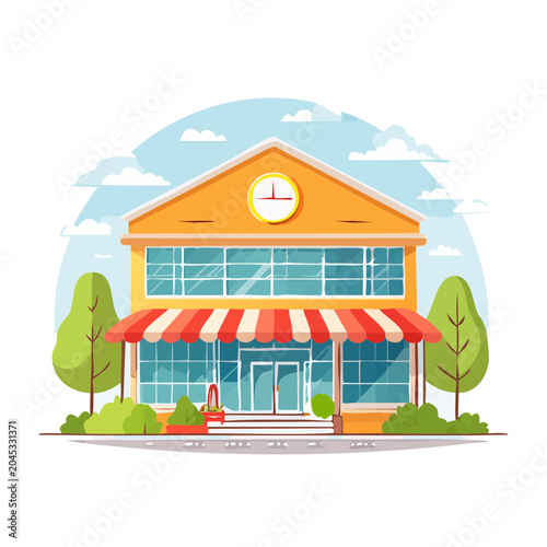 Flat design store building with awning and clock