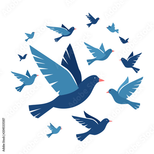 Flock of blue birds flying in a circle