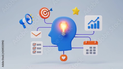 3D concept of human intelligence and creativity with brainstorming and business icons.