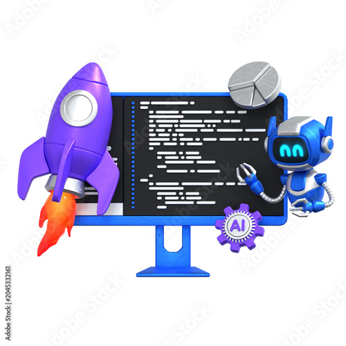 3D AI Coding Assistant and Startup Rocket Illustration on White