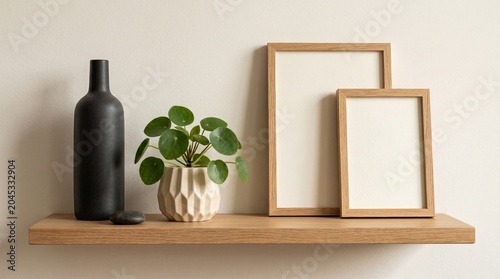 A minimalist wooden shelf holding a black vase, a small potted plant with round green leaves, and two empty wooden picture frames against a plain light wall.