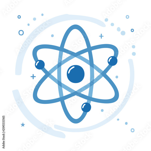 Blue atom model icon with orbiting electrons