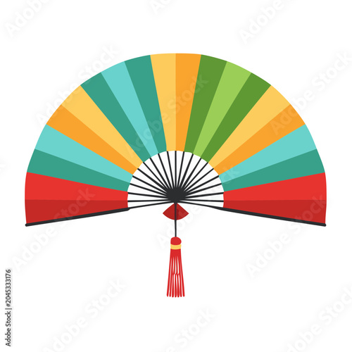 Colorful folding fan with tassel, flat design