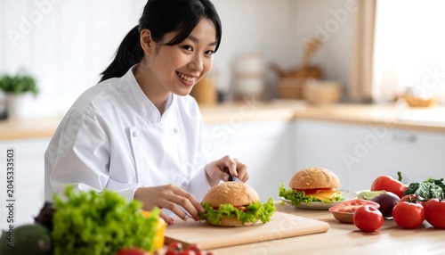 A smiling chef in a white coat prepares a burger with fresh vegetables on a wooden cutting board in a brightly lit kitchen