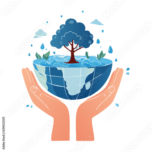 Hands holding Earth with tree and water