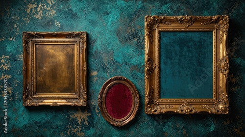 Three ornate empty vintage picture frames hang on a textured teal and gold wall.