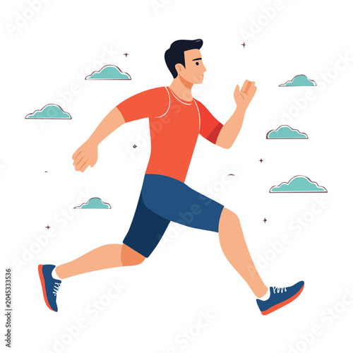 Man running in flat design style with clouds