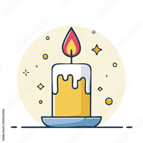 Illustration of a lit candle with dripping wax and sparkles