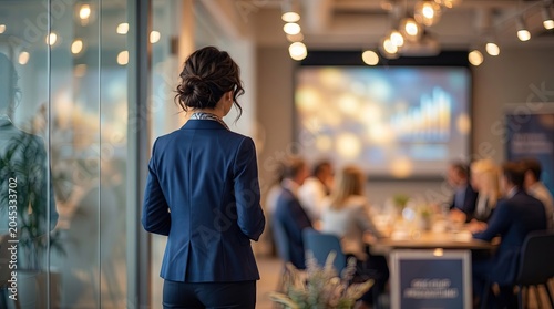 A woman in a business suit stands observing a group meeting in a modern office with a presentation displayed on a screen.