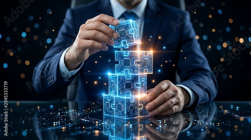 Man in suit building glowing circuit board puzzle tower representing technology integration, data solutions, and digital transformation for business.