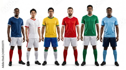 Diverse group of male soccer players in different colored uniforms standing against a white background