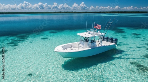 Center console fishing boat with American flag in crystal clear turquoise ocean water
