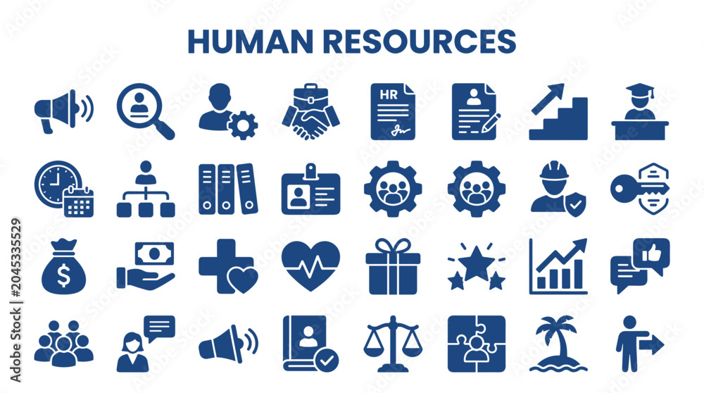Fototapeta premium Human Resources Icons Set representing recruitment hiring career development benefits and employee management concepts for business presentations