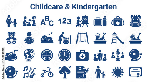 Fotografie Childcare kindergarten icons collection for education and early childhood develo