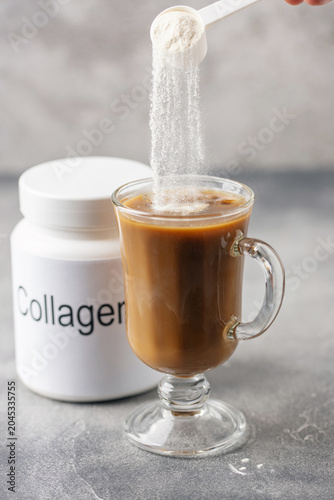 Collagen powder mixed with coffee for enhancing beauty and promoting wellness.