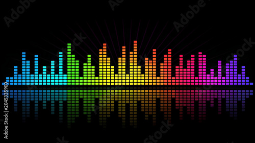 Colorful audio equalizer bars on black background, music visualization, sound technology concept, entertainment graphic, digital media presentation