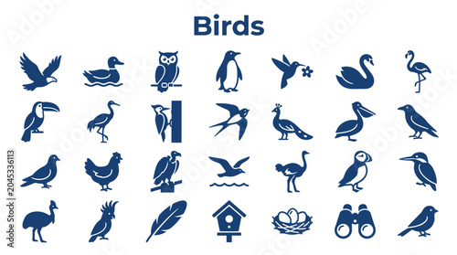 Schilderij op canvas Collection of diverse bird icons and illustrations representing various species and avian life, ideal for educational or design projects