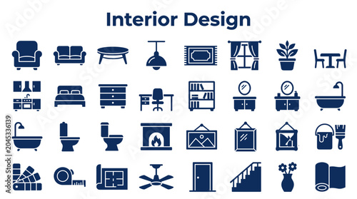 Collection of interior design icons representing furniture home decor room elements and renovation tools for modern living spaces