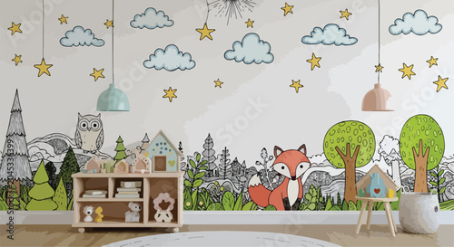 Nursery wall mural with forest animals, cute fox and owl in woodland landscape, kids room interior wallpaper with stars and clouds