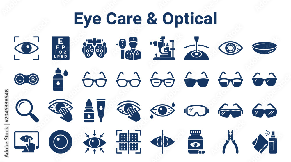 Fototapeta premium Eye Care and Optical Health Icons Representing Vision Testing and Eyewear Collection of Symbols for Ophthalmology and Optometry Services